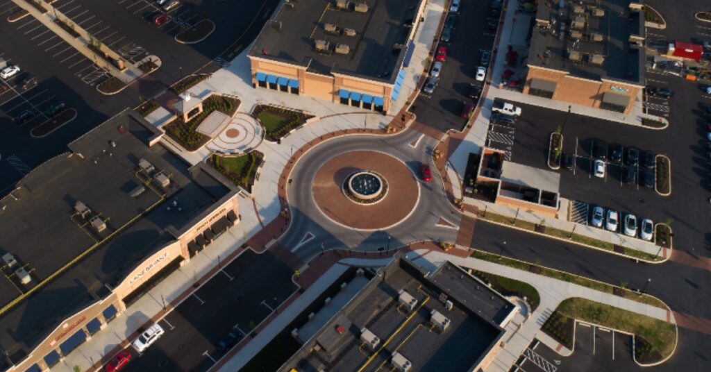 Aerial View of the Shoppes at Belmont, developed by Waters Retail Group and designed by RGS Associates